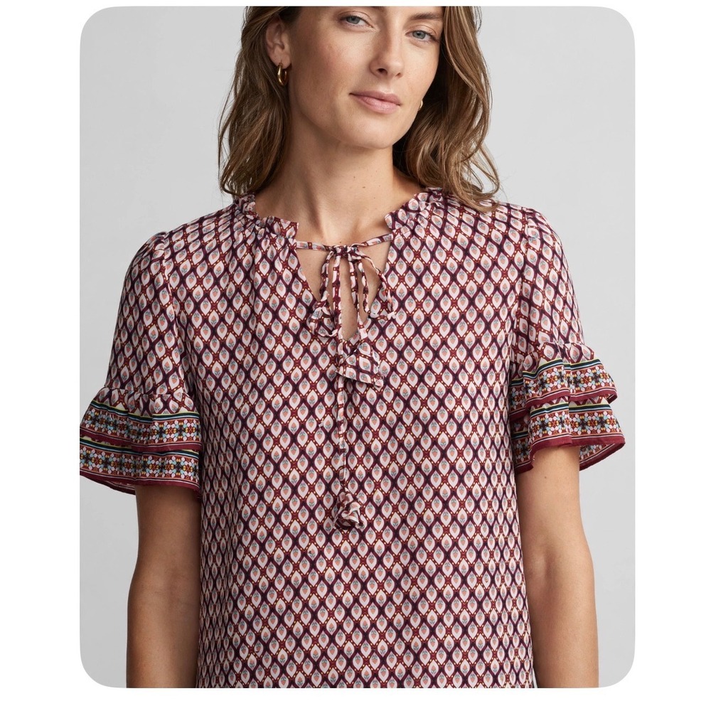 Max Studio Womens Geometric Print Ruffle Tie Neck Blouse Burgundy SZ S